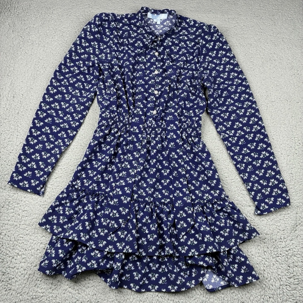 Hill House Home Talia Dress Women's XS Navy Floral Tie Neck Ruffle Mini